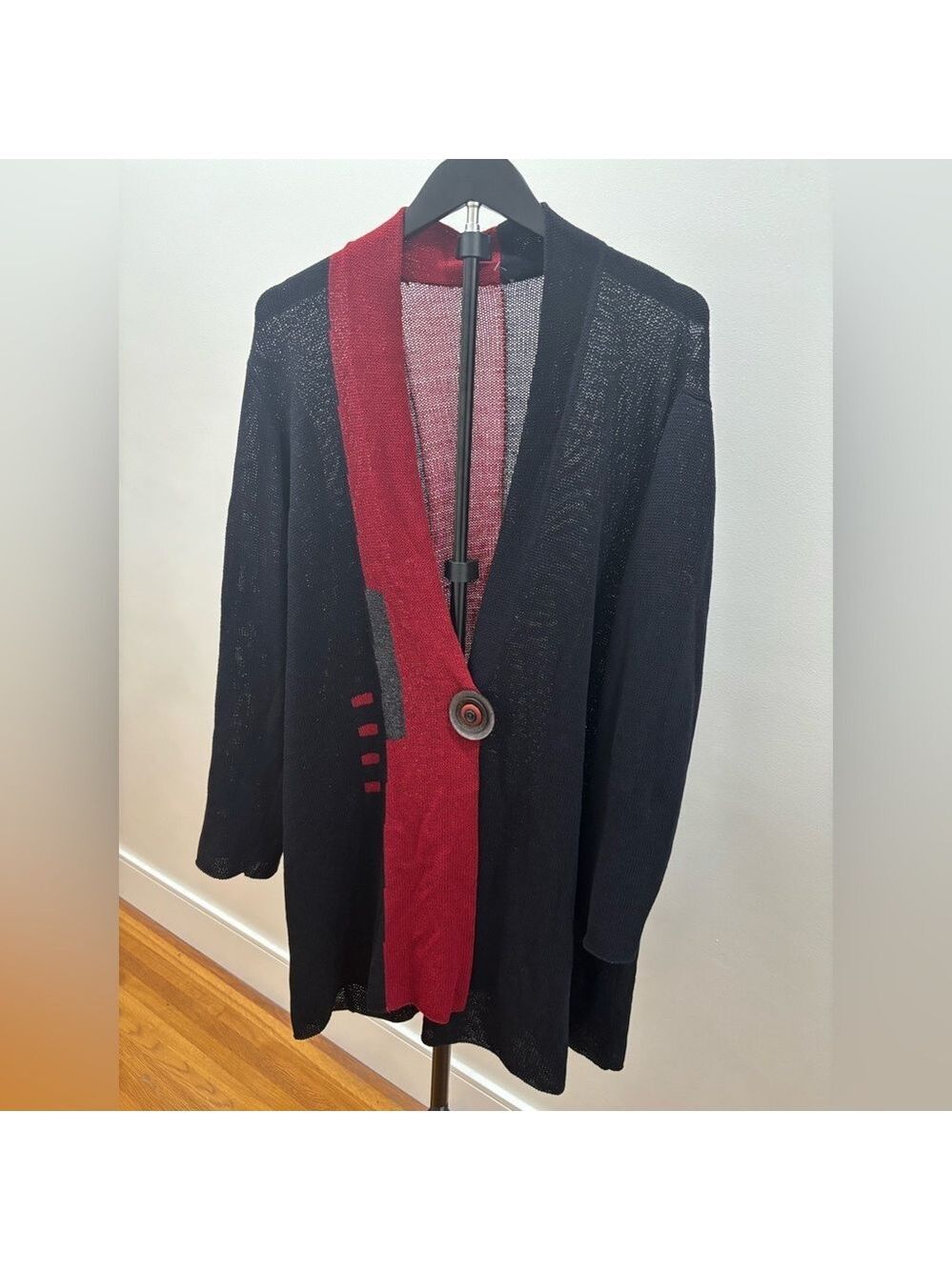 328. Vintage Sandra Miller Black and Red Buttoned Cardigan. Size XL or XXL